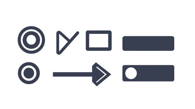 A collection of simple shapes in dark blue against a white background, circles, arrows, and rectangles