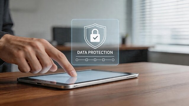 Businessman tapping digital tablet screen with data protection security concept privacy shield lock icon hologram interface on modern office workspace technology