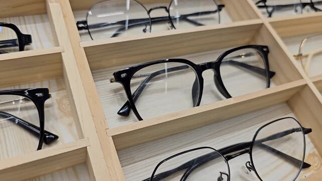 Black eyeglasses placed in wooden compartment organizer box. Product display photography of optical frames in storage tray. Vision care and eyewear retail concept. Close up view