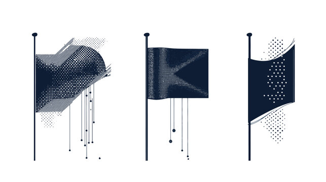 Three stylized flags against a white background, featuring various textures and abstract designs
