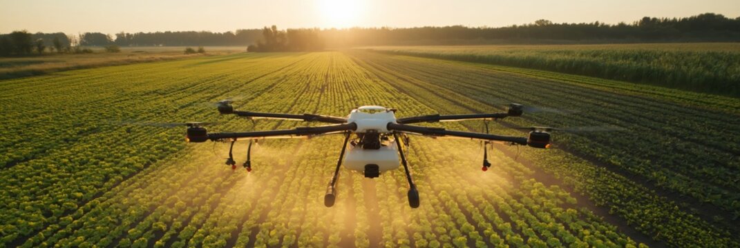 Multirotor drone spraying pesticide across green farmland