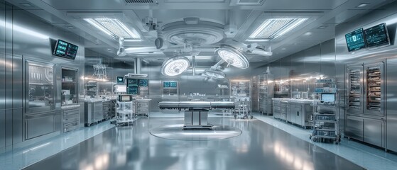 Obraz premium Gleaming High-Tech Surgical Suite - Empty Operating Room with Advanced Medical Technology.