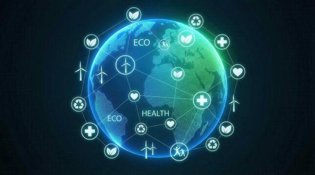 Visual showing global connections between health and eco-friendly initiatives across different regions of the world