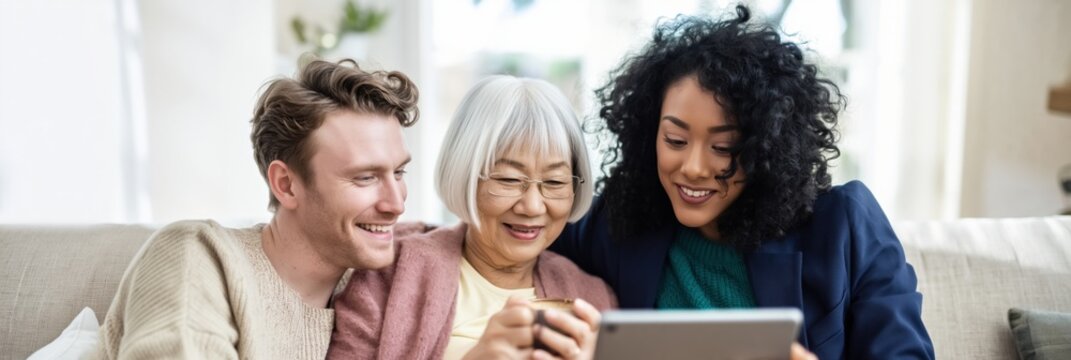 Multigenerational group looking at tablet together on living room couch