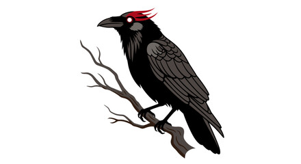 Obraz premium Gothic Raven Bird Perched on Branch Vector Illustration, Dark Fantasy Style Graphic for Halloween Design Projects