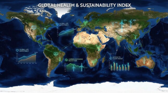 Global health and sustainability index displays data on life expectancy and carbon emissions around the world