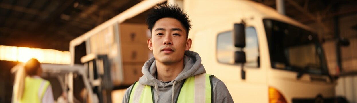 Warehouse worker standing with high visibility vest at depot