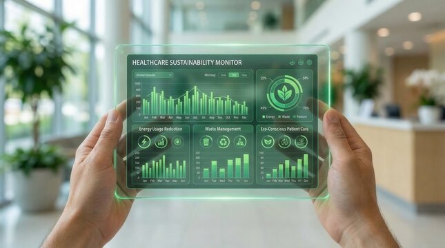 Healthcare sustainability monitor displays data on energy usage and patient care in a hospital setting during daytime hours