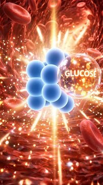 Glucose insulin blood sugar hormone molecule in bloodstream red blood cell flow through artery, insulin signaling for metabolism regulation and diabetes sugar control medical 3d illustration