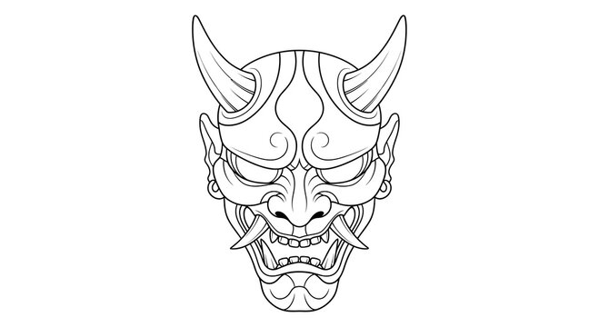 Hannya Mask Traditional Japanese Demon Vector Illustration, Intricate Line Art Graphic Design for Tattoo Art, Apparel Prints, and Cultural Symbolism Projects