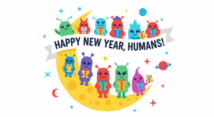 Fototapeta premium Happy New Year Humans Greeting with Cute Alien Characters Holding Gift Boxes on Crescent Moon Vector Illustration