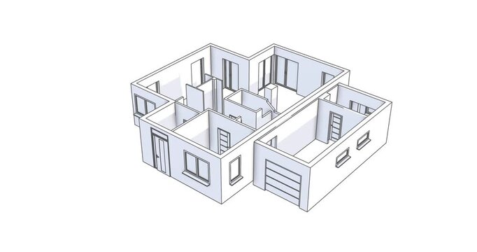 Line art house floor plan animation 360 degrees looped  rotation isometric view white background black lines