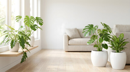 Fototapeta premium Modern minimalist workspace with indoor plants and a sleek sofa setup