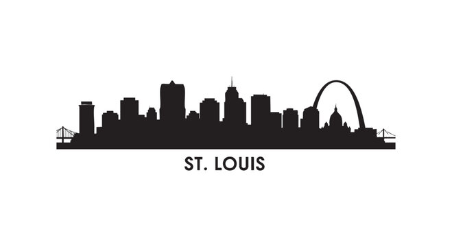St Louis Missouri city skyline silhouette with gateway arch and landmarks urban panoramic view for travel tourism graphic.