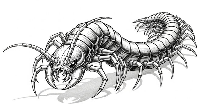 A sketch of an aggressive giant centipede with large jaws and a curved tail in a detailed tattoo design.