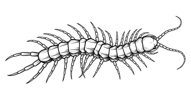 Detailed black and white line art illustration of a long centipede with many legs on white background