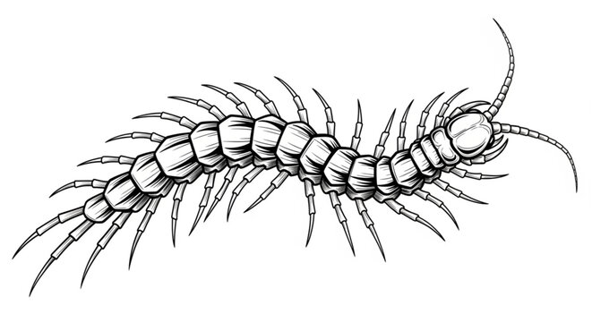 Sleek monochrome centipede drawing showing sharp legs and segmented body in a clean minimalist style