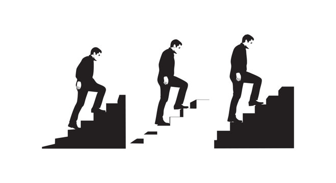 Three black silhouette illustrations showing process of climbing up on stairs, walking across gap, and walking down on stairs.
