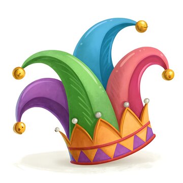 A vibrant jester's hat with colorful points and golden bells isolated on a clean white background representing fun and playfulness