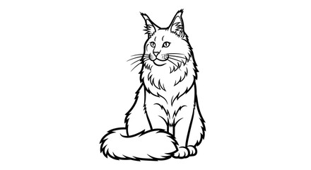 Obraz premium Maine Coon Cat Vector Illustration, Detailed Line Art Drawing of a Fluffy Sitting Feline, Black and White Animal Graphic for Coloring Pages and Design Projects
