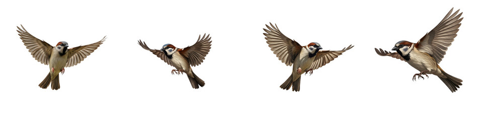 Fototapeta premium Eurasian Tree Sparrow in Flight – Set of Four Action Poses – Flying Passer Montanus Isolated on White Background – Small Brown Bird Wing Action Sequence for Graphic Design