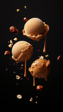 Floating caramel ice cream scoops with dripping sauce and hazelnuts
