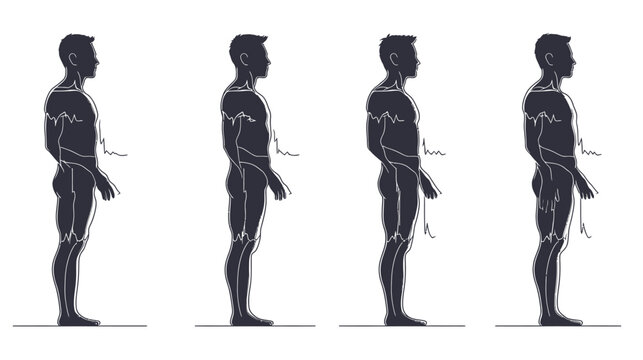 A sequence of four male side-view silhouettes with a line resembling a heart rhythm