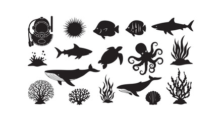 Obraz premium Underwater scene silhouettes featuring marine life like whales sharks octopus and coral, depicting ocean ecosystem.
