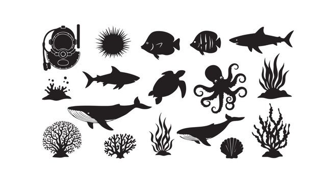 Underwater scene silhouettes featuring marine life like whales sharks octopus and coral, depicting ocean ecosystem.