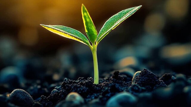 Fresh green seedling sprouting from soil with sunlight macro close up, new life growth concept, eco nature background, environmental sustainability and agriculture symbol