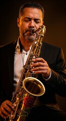 Obraz premium Man playing saxophone with a rose design on the instrument