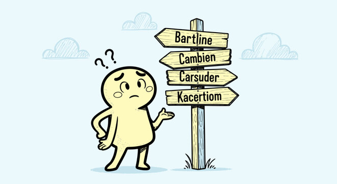A cartoon character confused at a signpost.