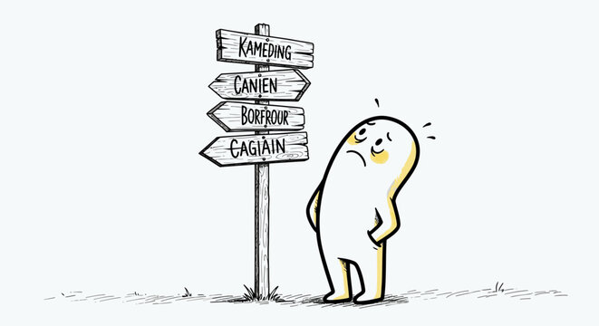 Confused cartoon character at crossroads with multiple directions.