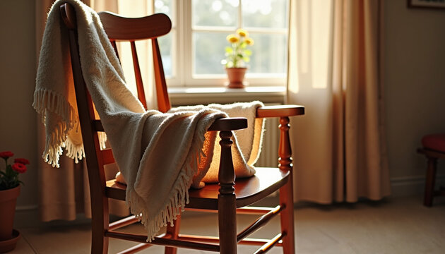 Wooden rocking chair with cozy blanket in bright room with sunlight and potted flowers
