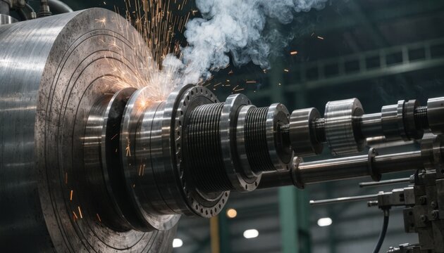 Detailed medium shot of precision machining operations on a threaded highpressure nozzle being fitted to a boiler showcasing metal cutting tools and sparks.