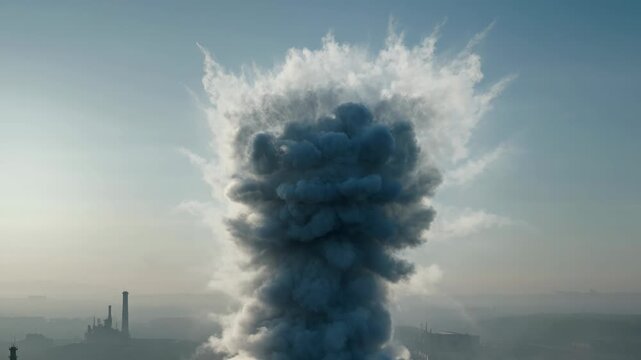 Massive industrial explosion releasing a large plume of dark smoke into the sky, industrial pollution.