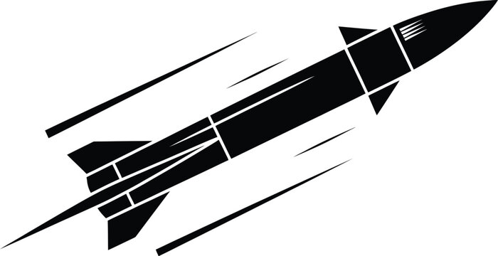 Rocket missile, silhouette illustration, isolated black and white vector icon of space projectile representing military launch aerospace technology and defense design.