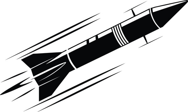 Rocket missile, silhouette illustration, fast flying space projectile icon in black and white military launch design for aerospace technology and weapon symbol concepts.