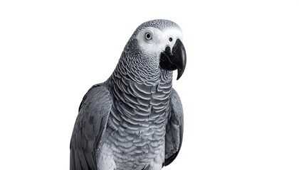 Fototapeta premium An isolated portrait of a parrot, captured in monochrome. The bird's features are highlighted against a clean white background