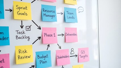 Agile sprint planning whiteboard with sticky notes mapping task backlog, risk review, deliverables, budget plan, and stakeholder targets for project teams © Naeem 2.0