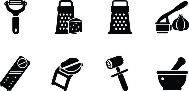 kitchen tools and food prep silhouette vector set featuring peeler cheese grater garlic press slicer burger press meat tenderizer and mortar pestle icons isolated on white background