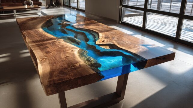 Vibrant Blue Epoxy Resin River Table with Live Edge Wood Slabs, Modern Handcrafted Furniture.