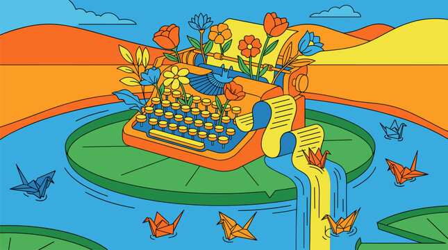 Vintage Typewriter Garden with Blooming Flowers and Origami Cranes Pop Surrealism Flat Illustration with Bold Outlines