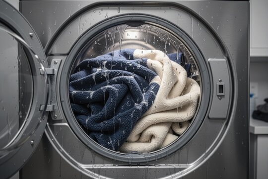 Laundry inside front-loading washing machine with soaked textiles and water droplets