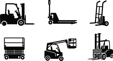 material handling equipment silhouette vector set featuring forklift pallet jack hand truck scissor lift boom lift and warehouse vehicles isolated on white background © SADDAM