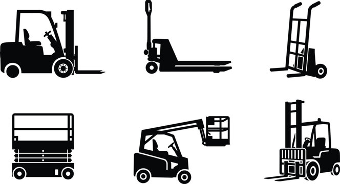material handling equipment silhouette vector set featuring forklift pallet jack hand truck scissor lift boom lift and warehouse vehicles isolated on white background