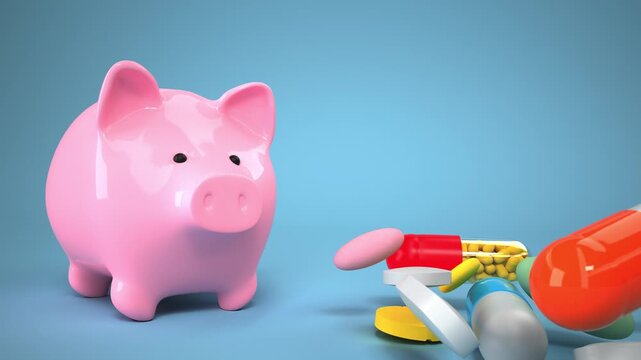 Rising Healthcare Costs Concept with Piggy Bank and Flying Pills. 4k video, ProRes 4444.