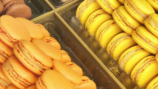 Assortment of delicious and vibrant french macarons on display at a bakery. Colorful almond meringue cookies neatly arranged in trays