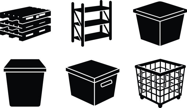 storage and warehouse silhouette vector set featuring pallet rack shelves storage boxes containers bins and rolling crate icons isolated on white background