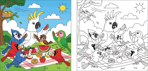 Cute cartoon birds having a fruit picnic outdoors on grass vector illustration with cockatoo, parrot and red cardinals © Dewan